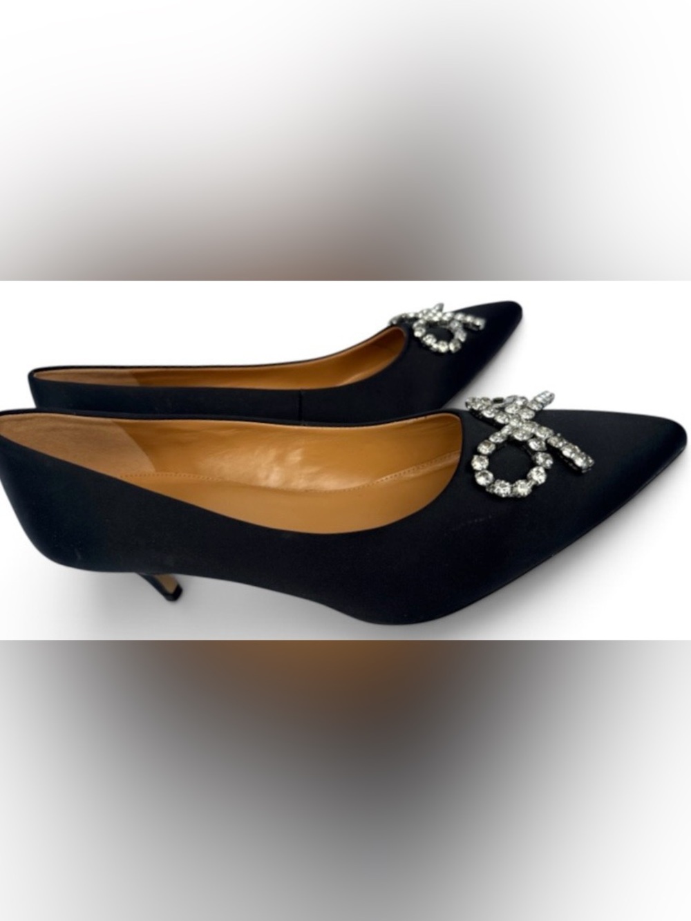 New J. Crew Black Satin Pointed Toe Kitten Heel with Crystal Bow- 10.5